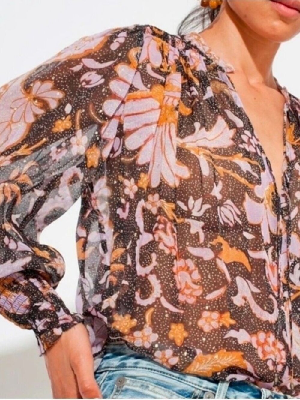 O.P.T. Size Medium Sheer Wildflower Long Balloon Sleeve Smocked Cuff Blouse Boho